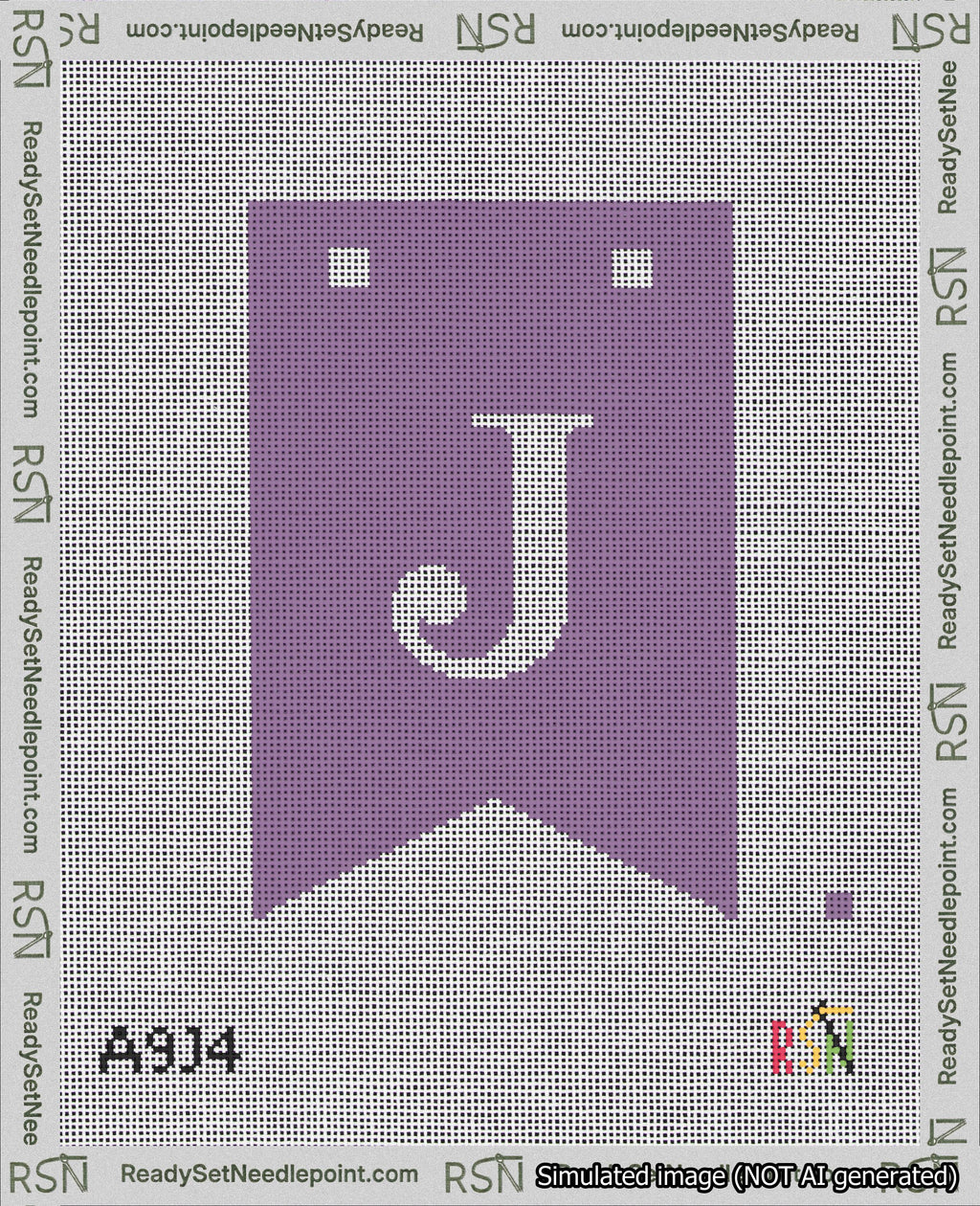 A taped needlepoint canvas with the design: Banner 18 mesh count Forked J White on Purple.