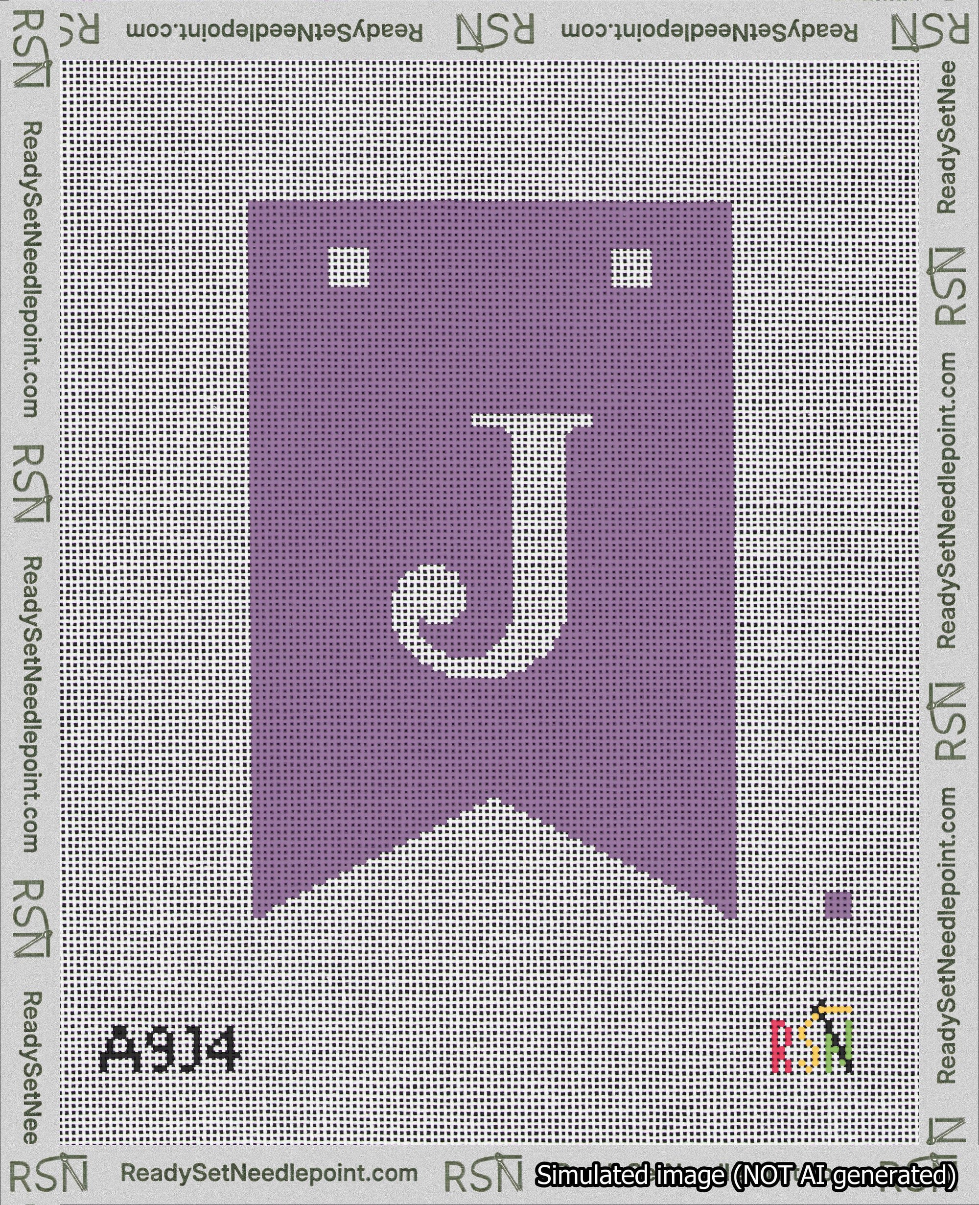 A taped needlepoint canvas with the design: Banner 18 mesh count Forked J White on Purple.