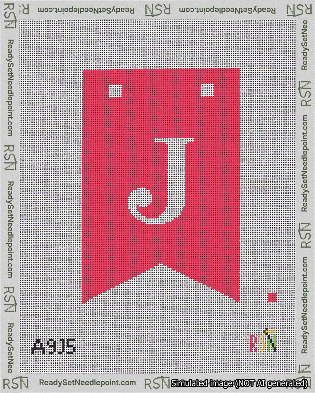 A taped needlepoint canvas with the design: Banner 18 mesh count Forked J White on Red.