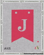 A taped needlepoint canvas with the design: Banner 18 mesh count Forked J White on Red.