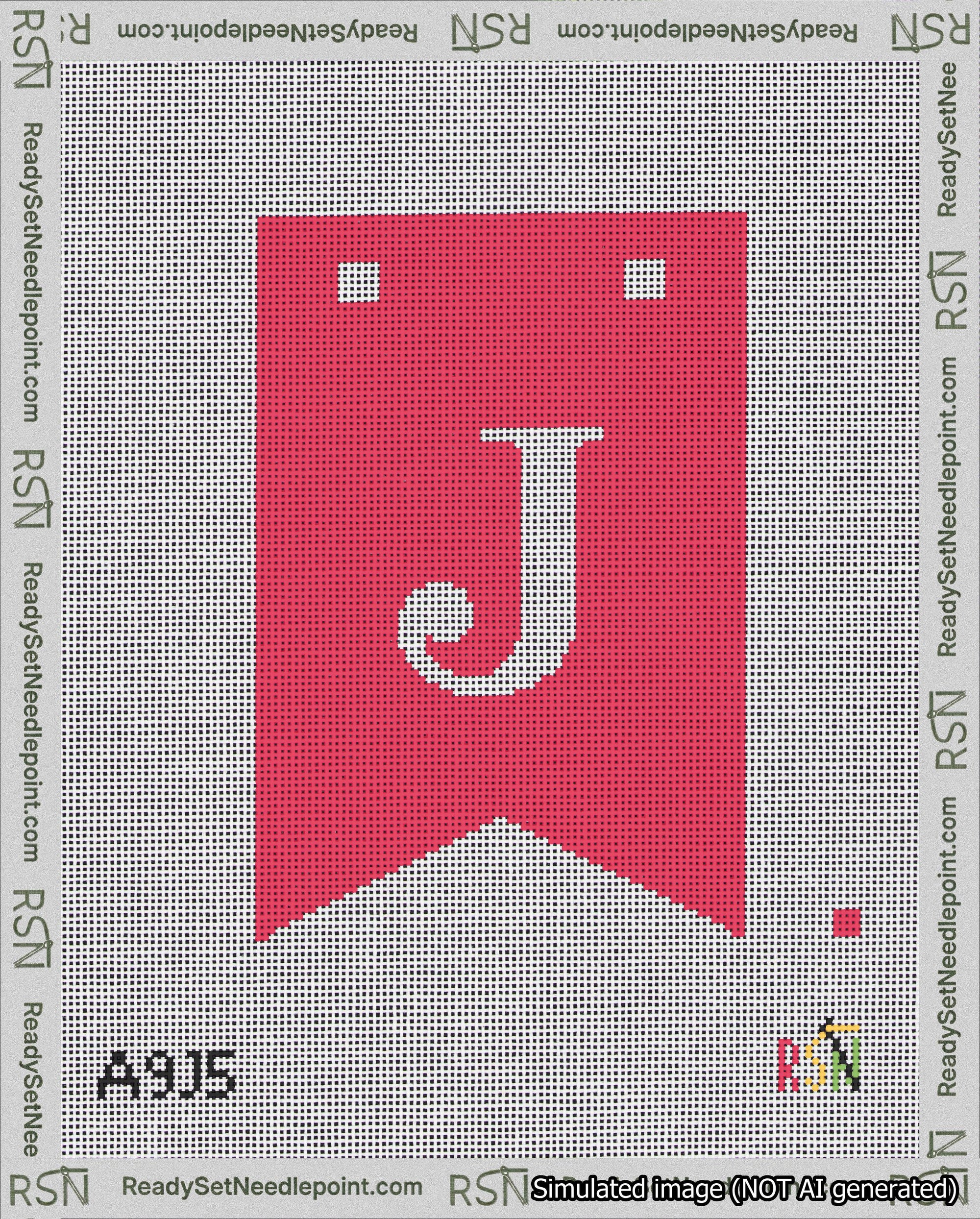 A taped needlepoint canvas with the design: Banner 18 mesh count Forked J White on Red.