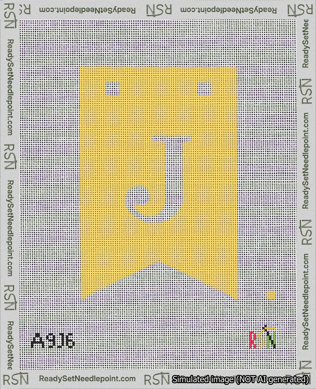 A taped needlepoint canvas with the design: Banner 18 mesh count Forked J White on Yellow.