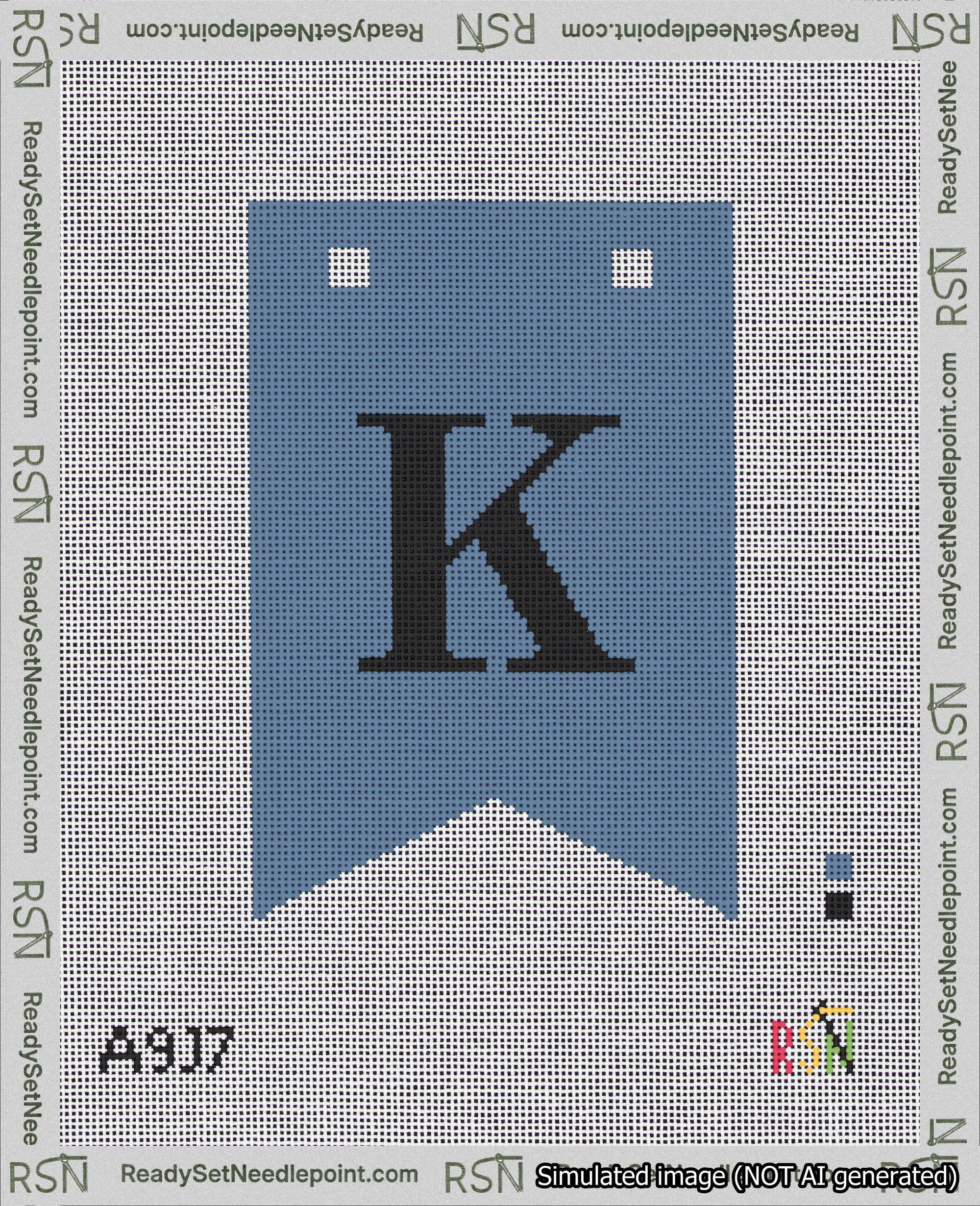 A taped needlepoint canvas with the design: Banner 18 mesh count Forked K Black on Blue.