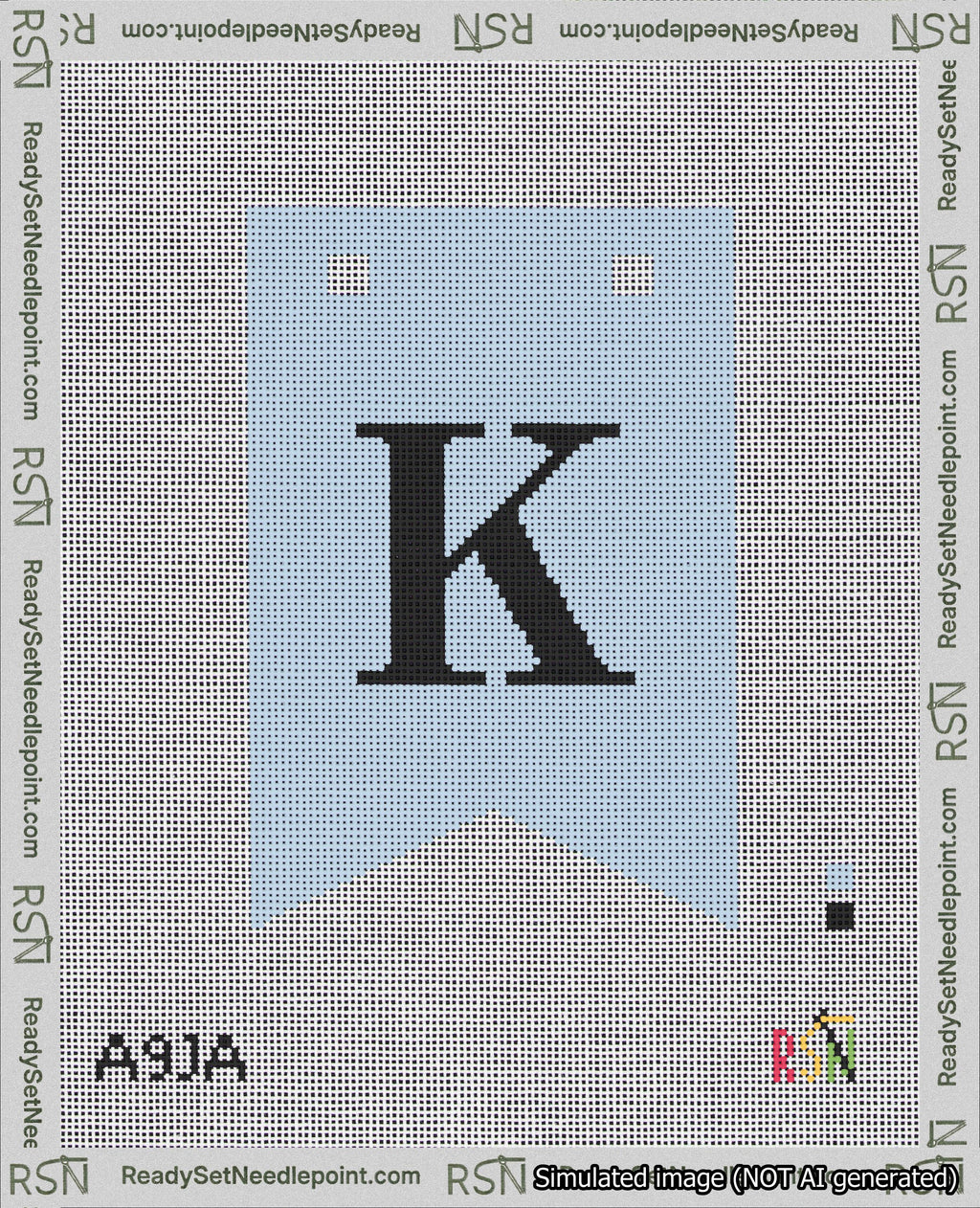 A taped needlepoint canvas with the design: Banner 18 mesh count Forked K Black on Light Blue.