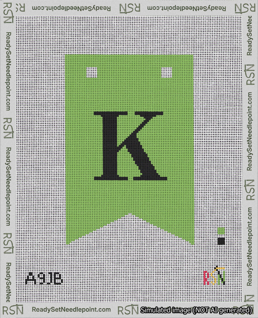 A taped needlepoint canvas with the design: Banner 18 mesh count Forked K Black on Light Green.