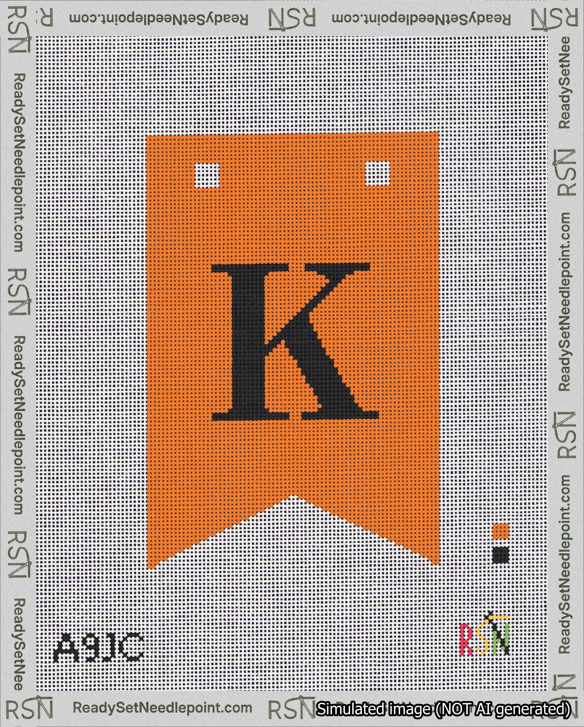 A taped needlepoint canvas with the design: Banner 18 mesh count Forked K Black on Orange.