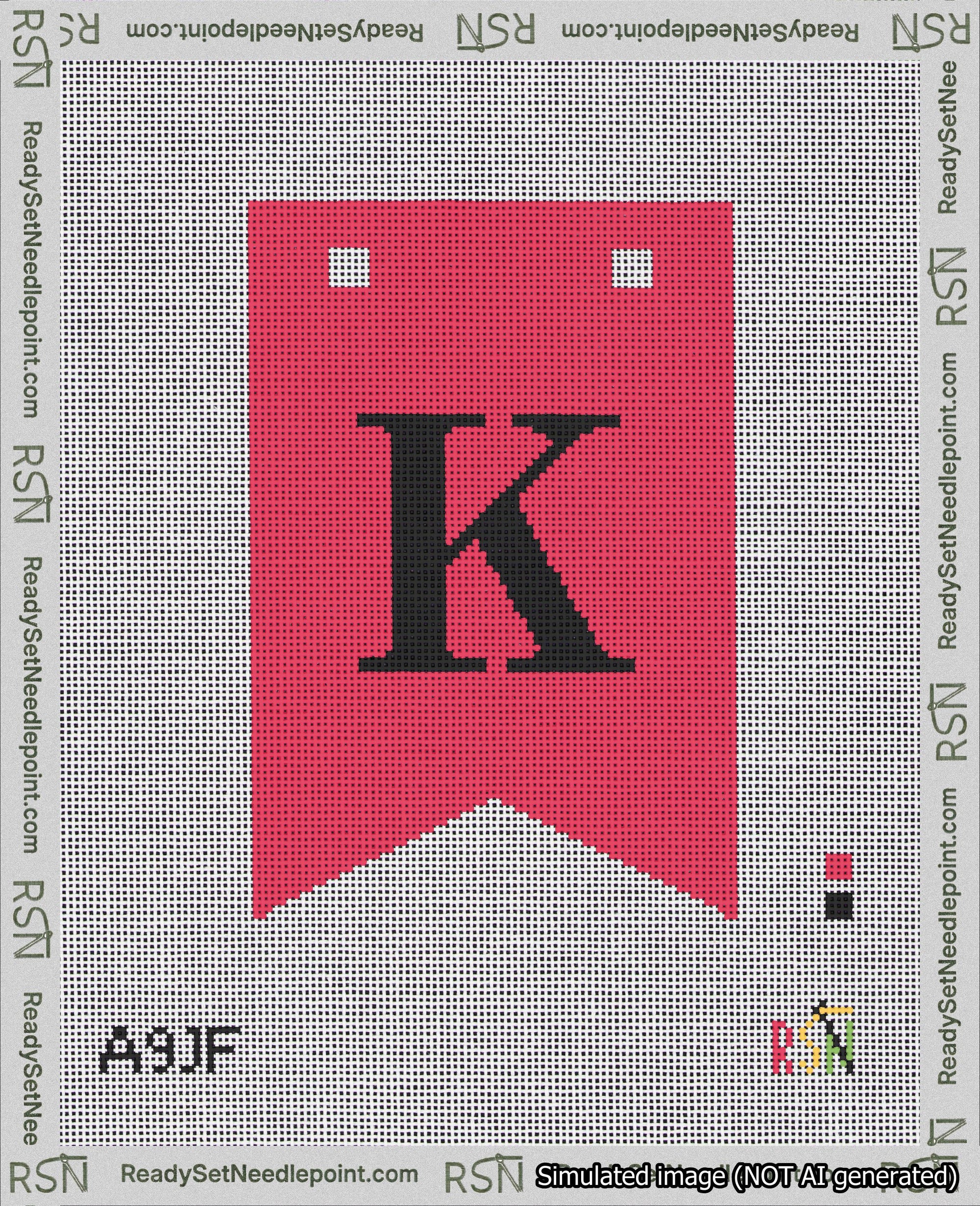 A taped needlepoint canvas with the design: Banner 18 mesh count Forked K Black on Red.