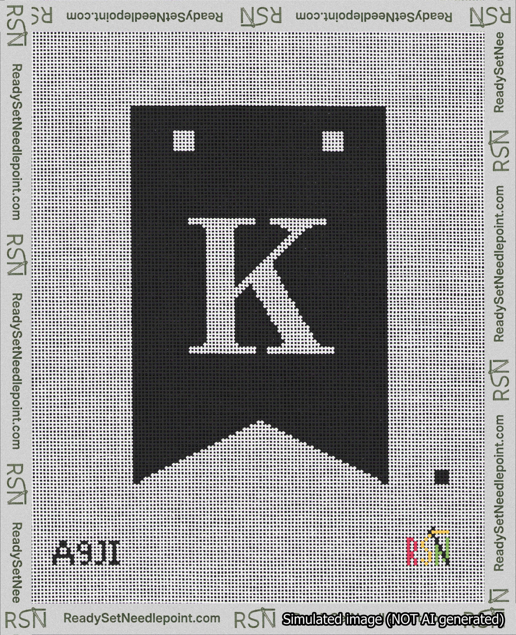 A taped needlepoint canvas with the design: Banner 18 mesh count Forked K White on Black.