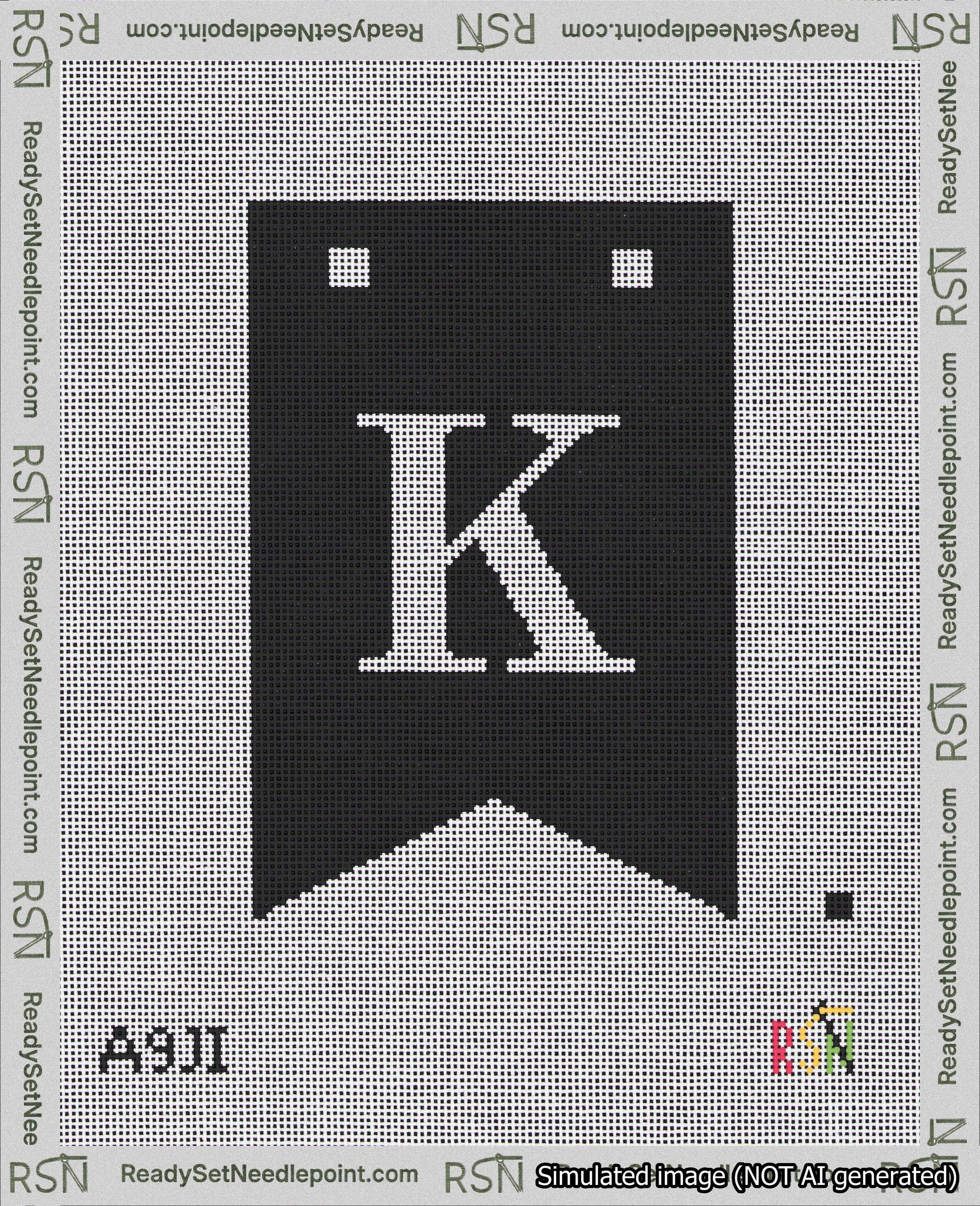 A taped needlepoint canvas with the design: Banner 18 mesh count Forked K White on Black.
