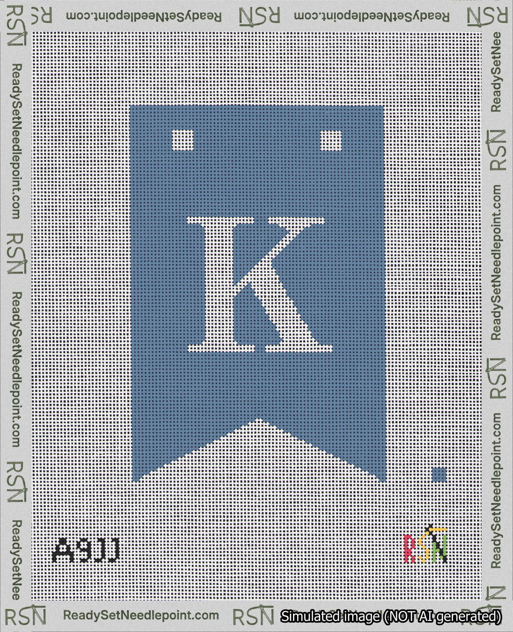 A taped needlepoint canvas with the design: Banner 18 mesh count Forked K White on Blue.