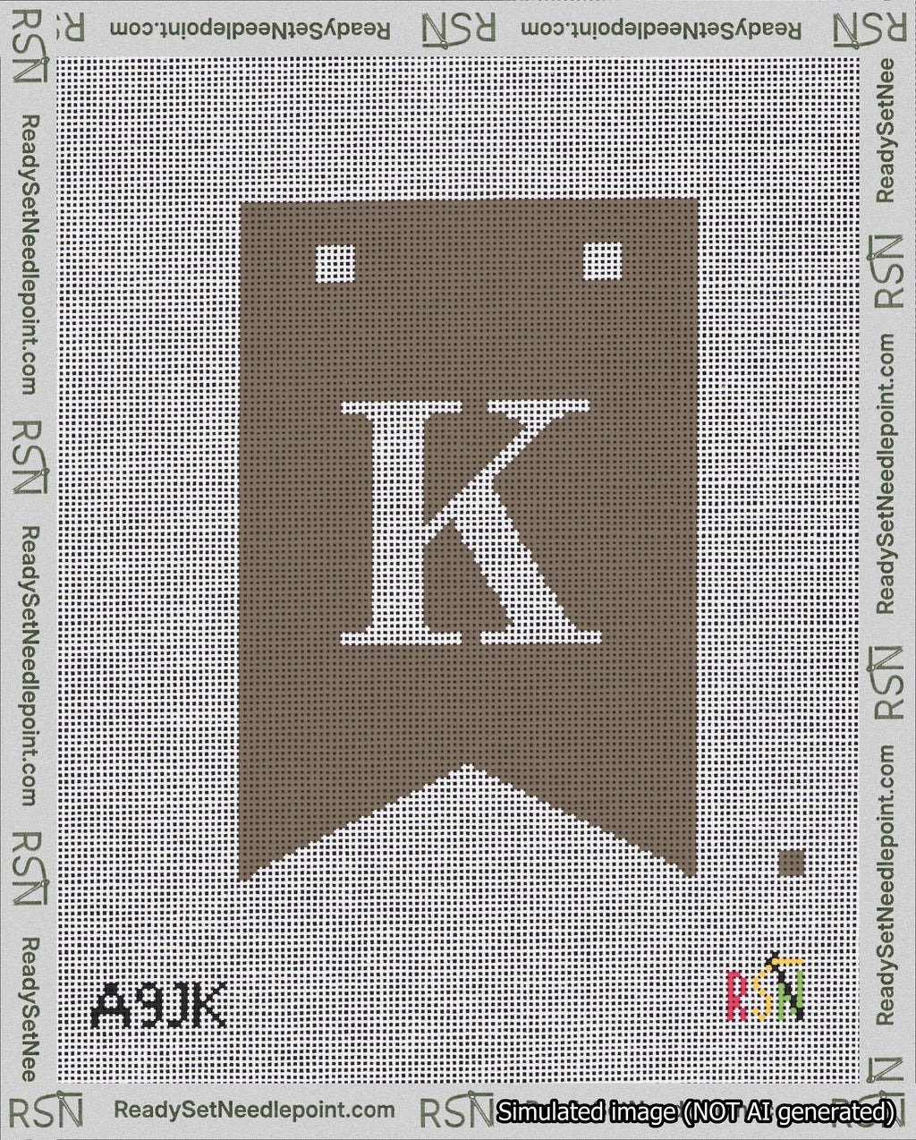 A taped needlepoint canvas with the design: Banner 18 mesh count Forked K White on Brown.