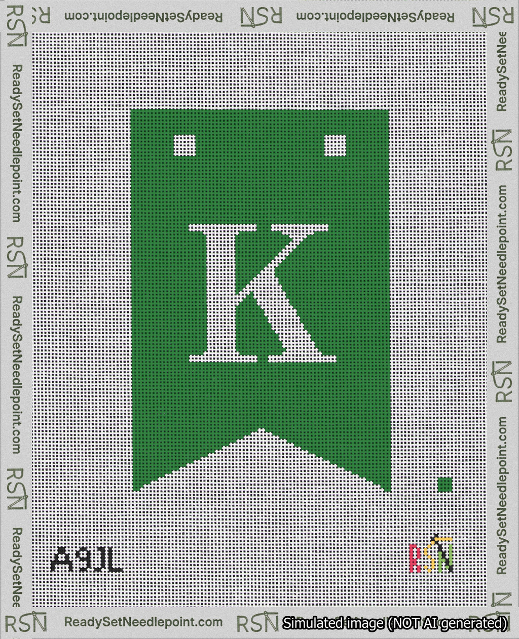 A taped needlepoint canvas with the design: Banner 18 mesh count Forked K White on Green.