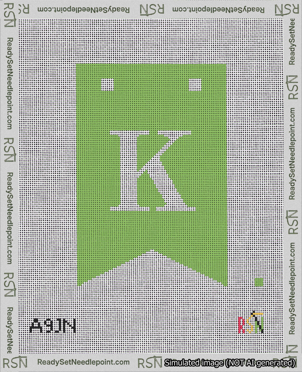 A taped needlepoint canvas with the design: Banner 18 mesh count Forked K White on Light Green.