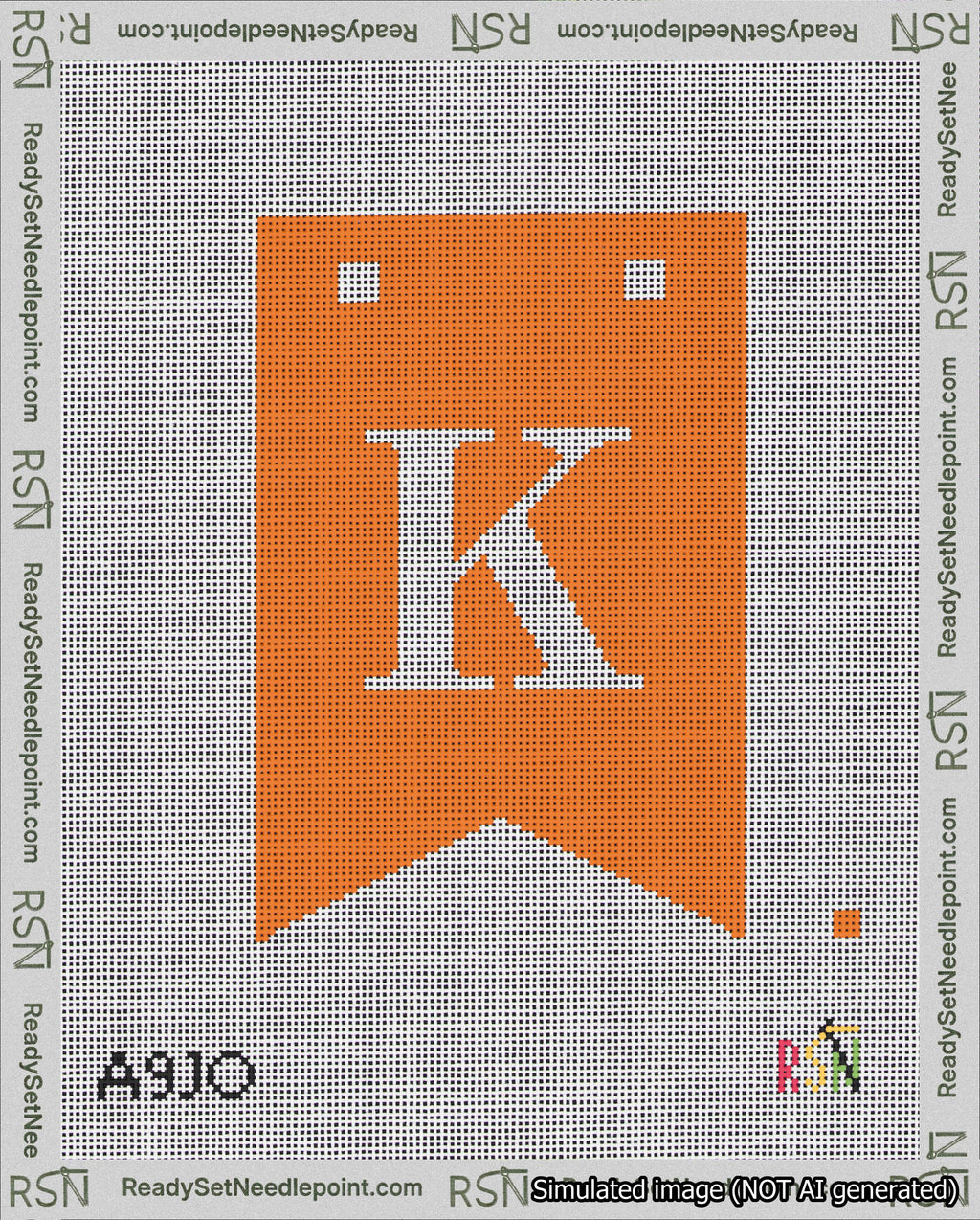 A taped needlepoint canvas with the design: Banner 18 mesh count Forked K White on Orange.