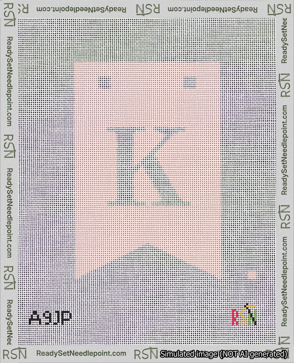 A taped needlepoint canvas with the design: Banner 18 mesh count Forked K White on Pink.