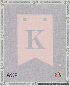 A taped needlepoint canvas with the design: Banner 18 mesh count Forked K White on Pink.