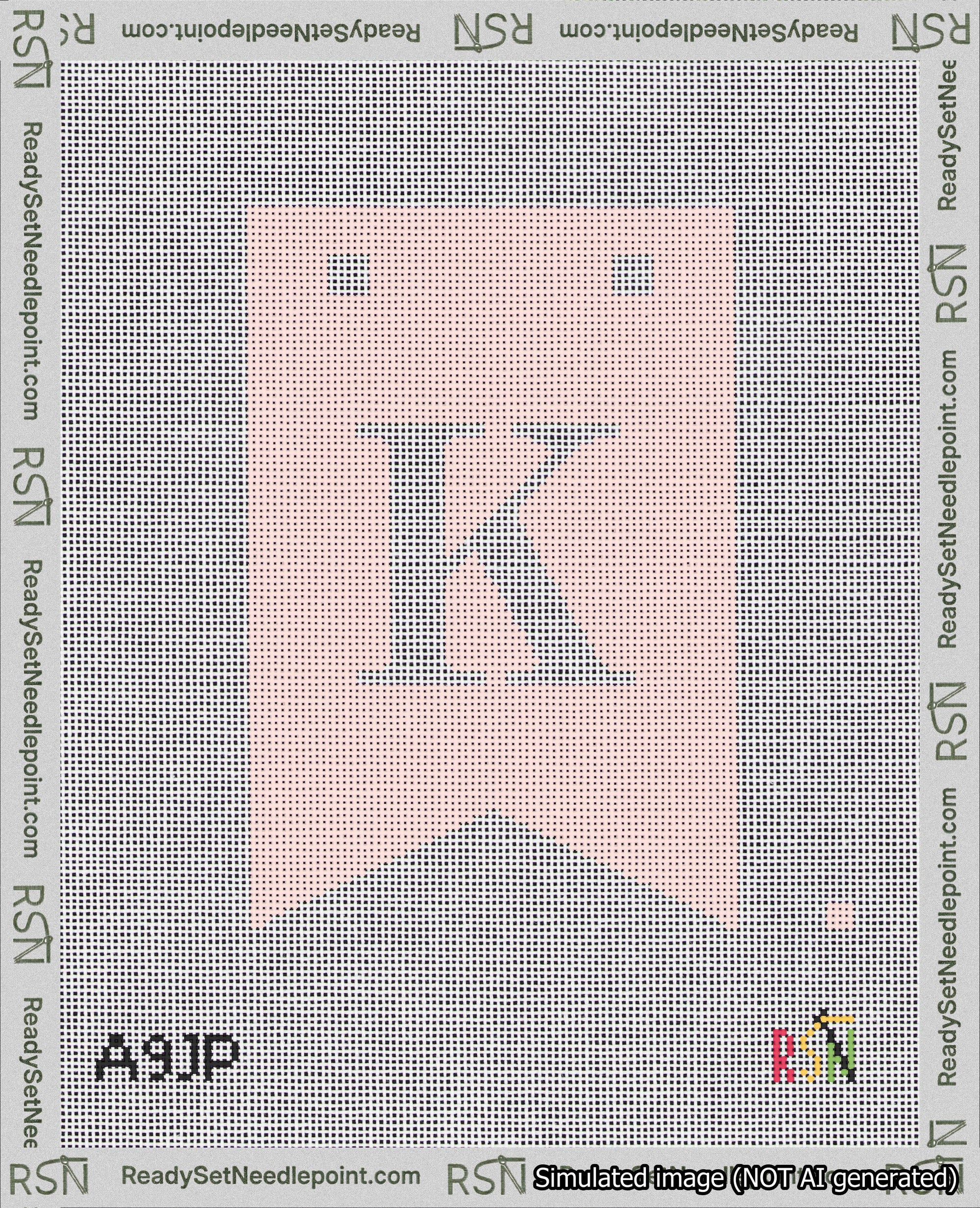 A taped needlepoint canvas with the design: Banner 18 mesh count Forked K White on Pink.
