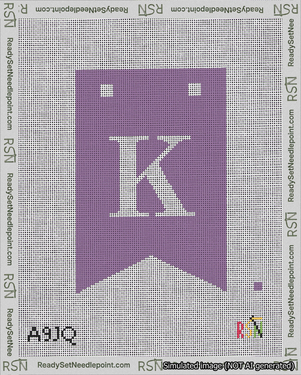 A taped needlepoint canvas with the design: Banner 18 mesh count Forked K White on Purple.