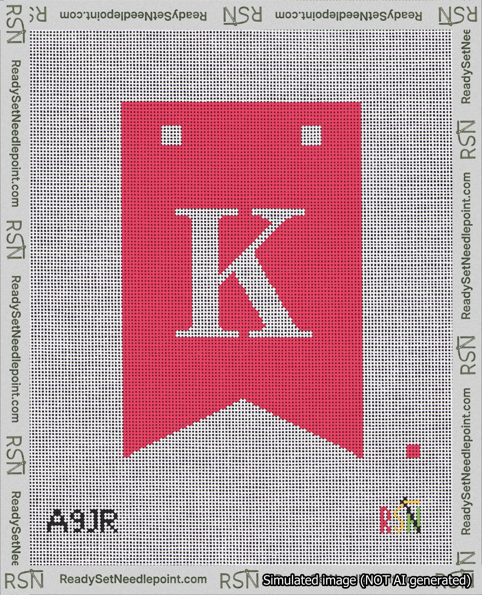 A taped needlepoint canvas with the design: Banner 18 mesh count Forked K White on Red.