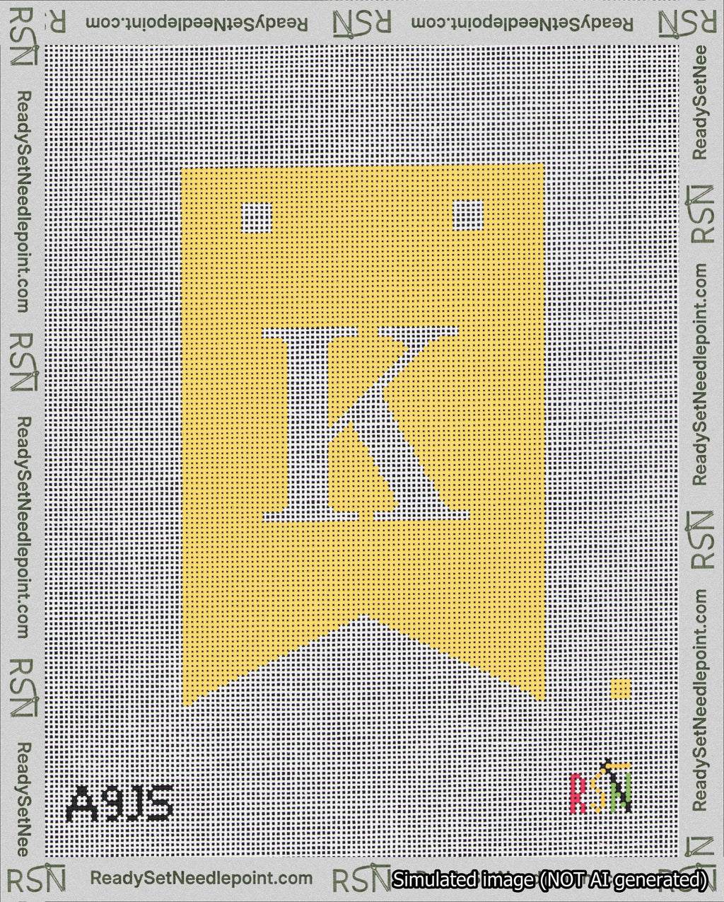 A taped needlepoint canvas with the design: Banner 18 mesh count Forked K White on Yellow.