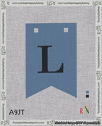 A taped needlepoint canvas with the design: Banner 18 mesh count Forked L Black on Blue.