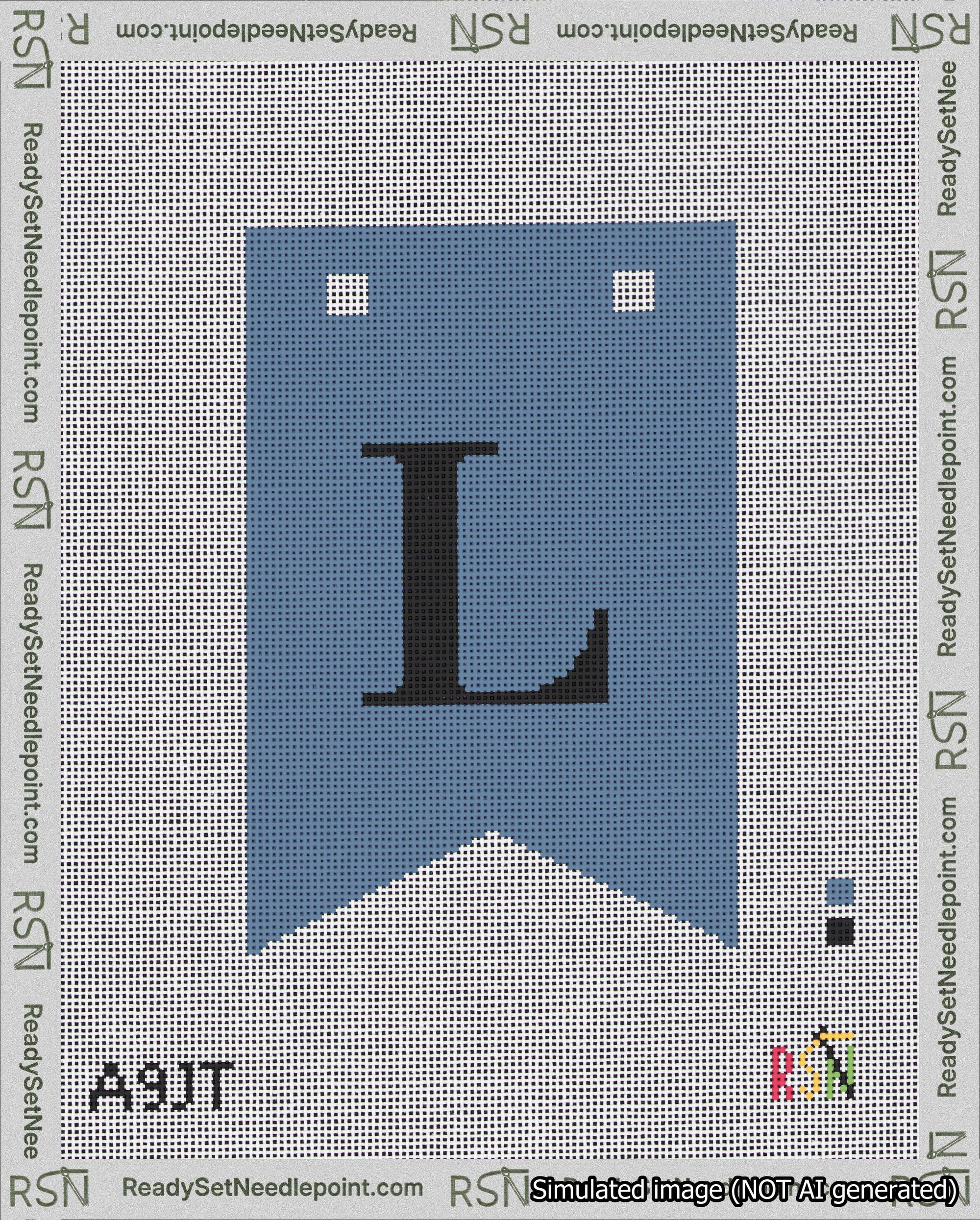 A taped needlepoint canvas with the design: Banner 18 mesh count Forked L Black on Blue.