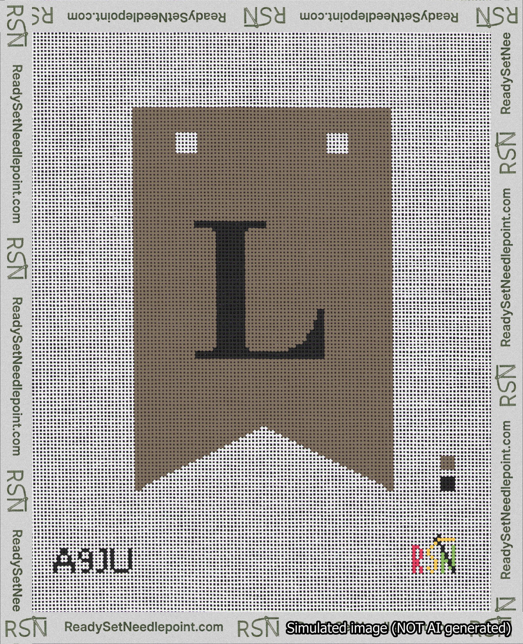 A taped needlepoint canvas with the design: Banner 18 mesh count Forked L Black on Brown.