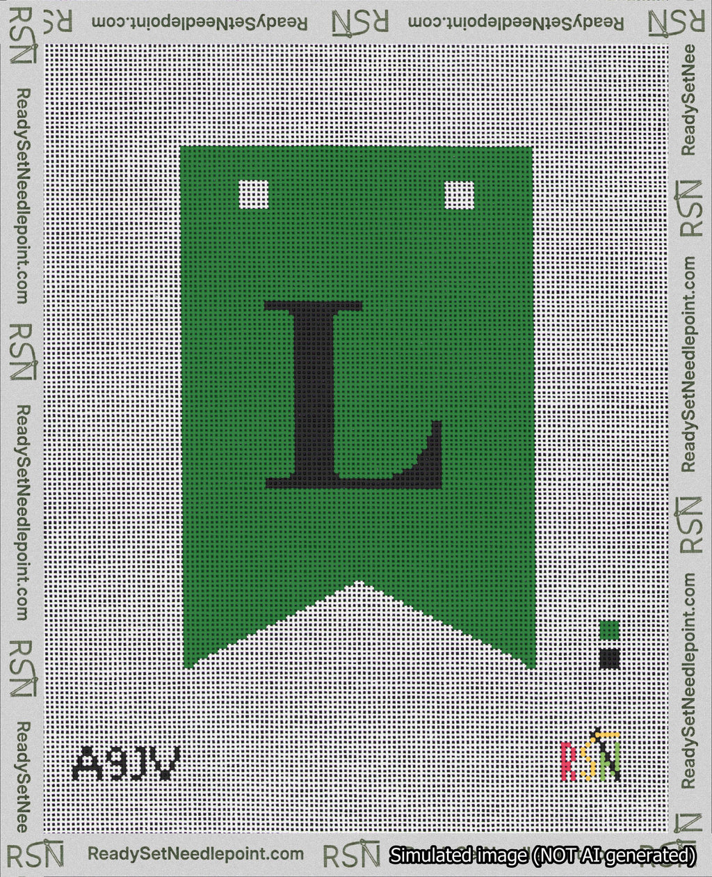 A taped needlepoint canvas with the design: Banner 18 mesh count Forked L Black on Green.