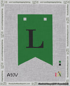 A taped needlepoint canvas with the design: Banner 18 mesh count Forked L Black on Green.