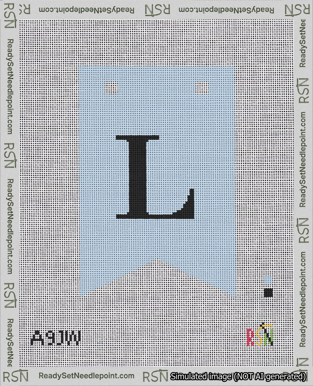 A taped needlepoint canvas with the design: Banner 18 mesh count Forked L Black on Light Blue.