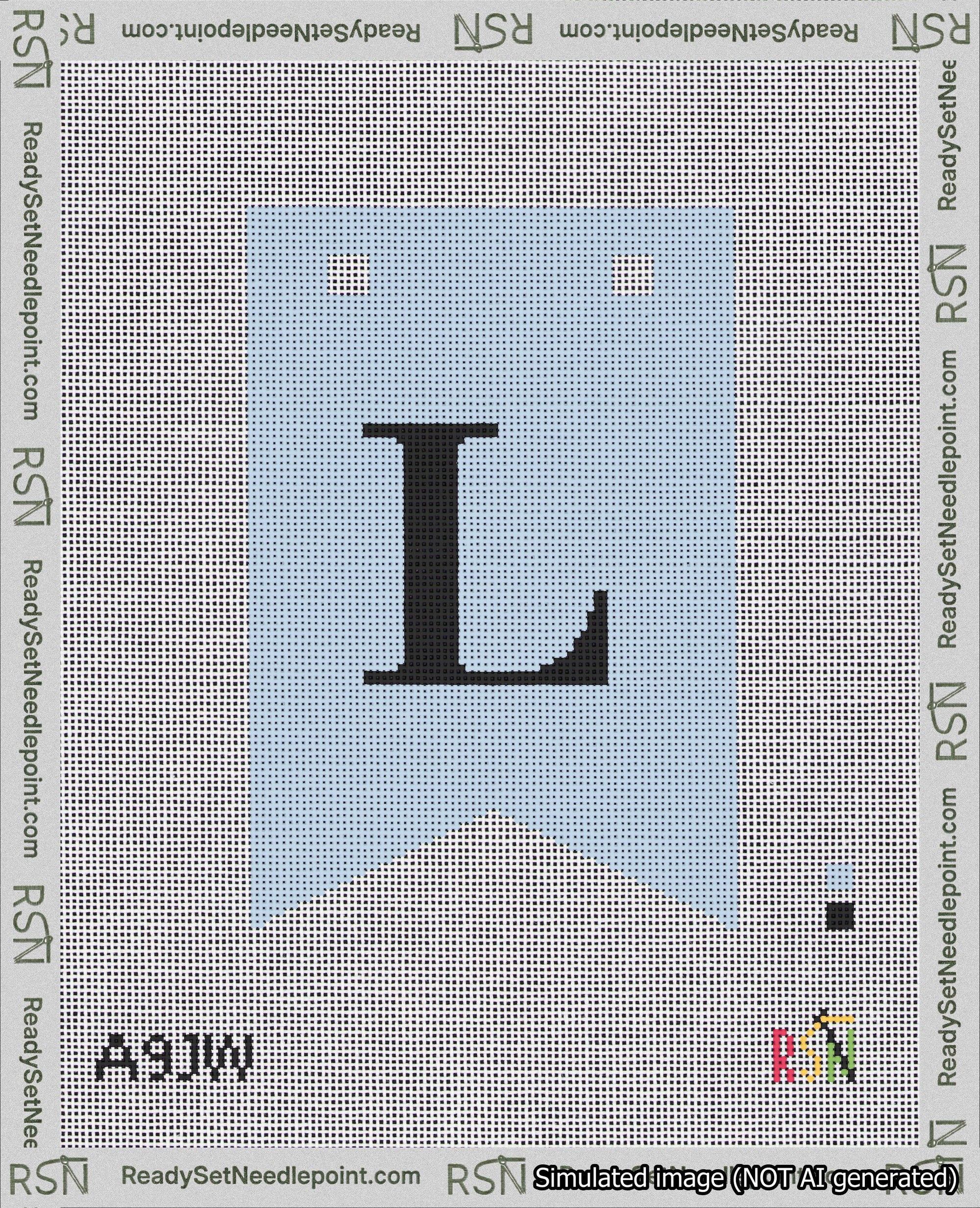 A taped needlepoint canvas with the design: Banner 18 mesh count Forked L Black on Light Blue.