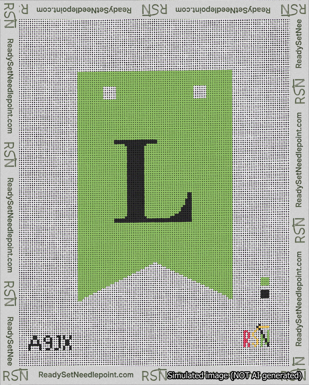 A taped needlepoint canvas with the design: Banner 18 mesh count Forked L Black on Light Green.