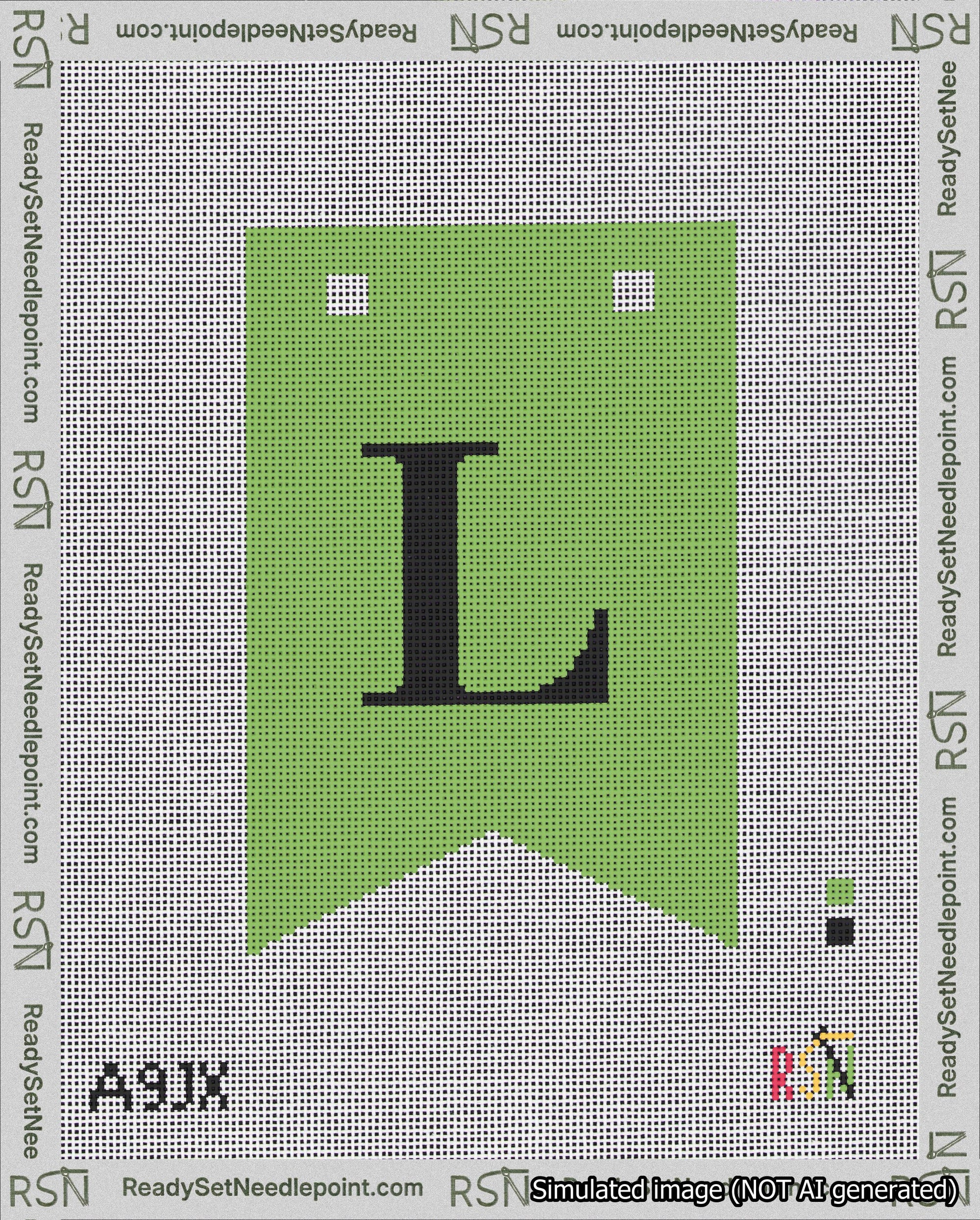 A taped needlepoint canvas with the design: Banner 18 mesh count Forked L Black on Light Green.