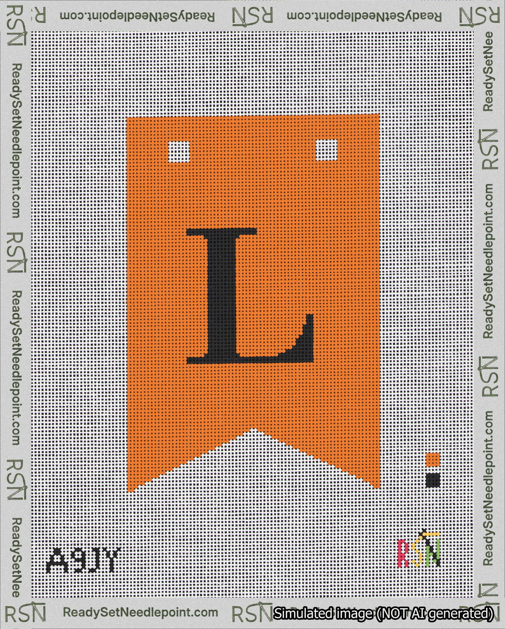A taped needlepoint canvas with the design: Banner 18 mesh count Forked L Black on Orange.
