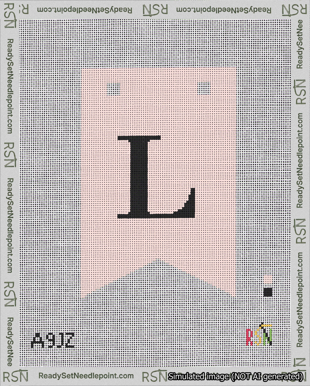 A taped needlepoint canvas with the design: Banner 18 mesh count Forked L Black on Pink.