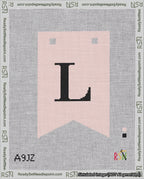 A taped needlepoint canvas with the design: Banner 18 mesh count Forked L Black on Pink.