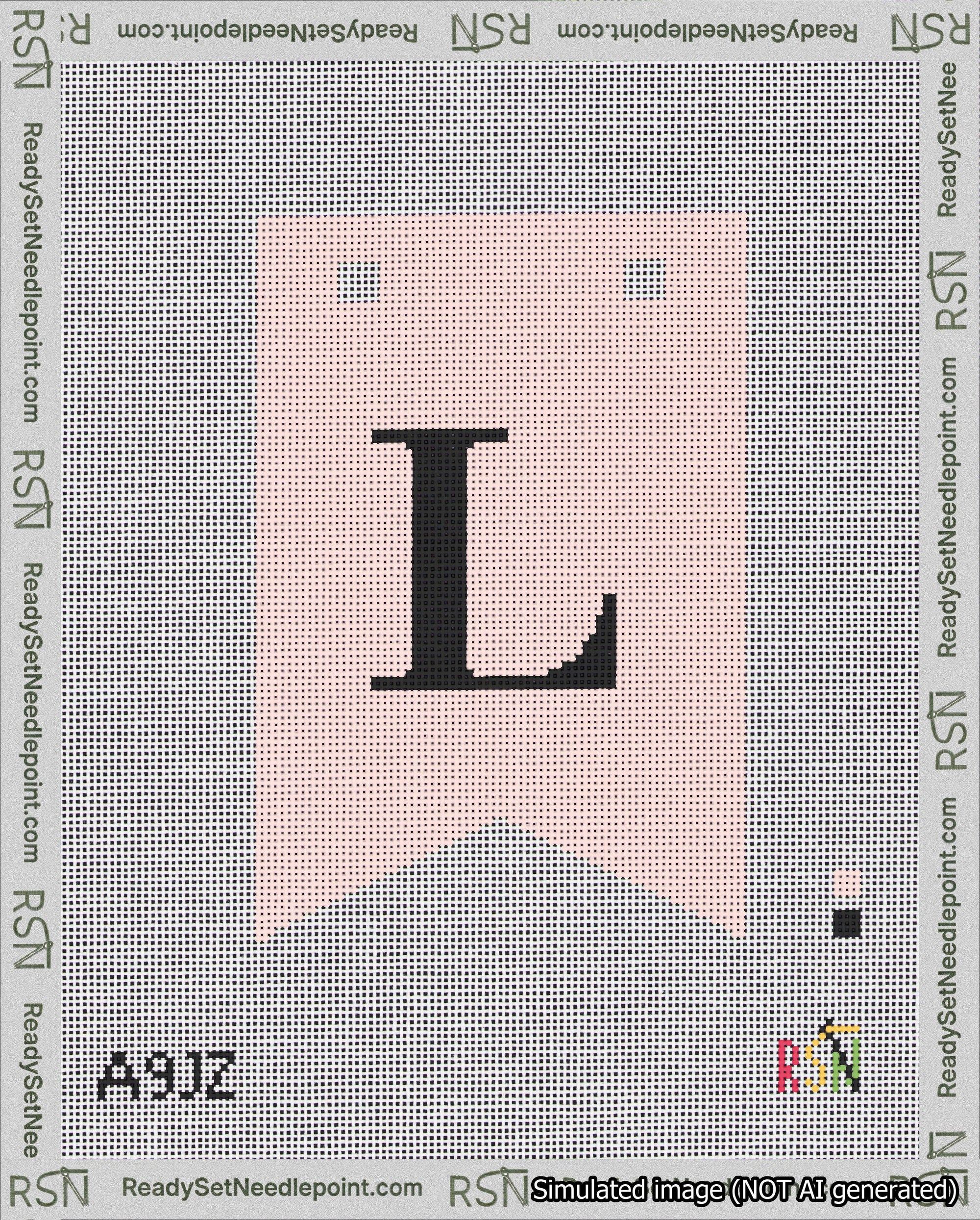 A taped needlepoint canvas with the design: Banner 18 mesh count Forked L Black on Pink.