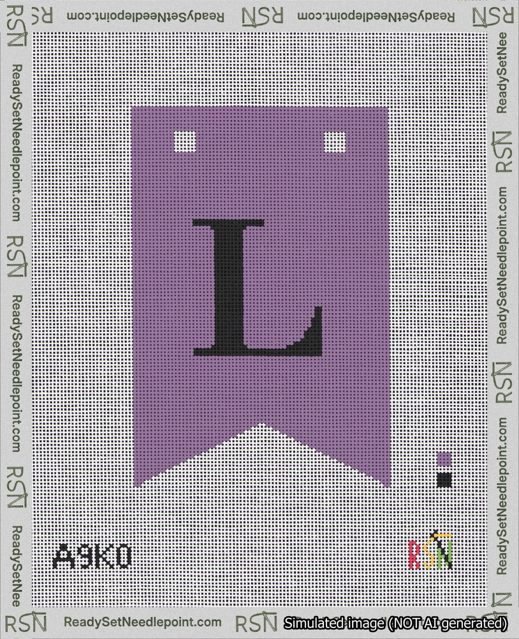 A taped needlepoint canvas with the design: Banner 18 mesh count Forked L Black on Purple.