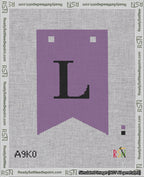 A taped needlepoint canvas with the design: Banner 18 mesh count Forked L Black on Purple.