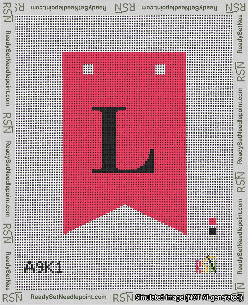 A taped needlepoint canvas with the design: Banner 18 mesh count Forked L Black on Red.