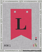 A taped needlepoint canvas with the design: Banner 18 mesh count Forked L Black on Red.