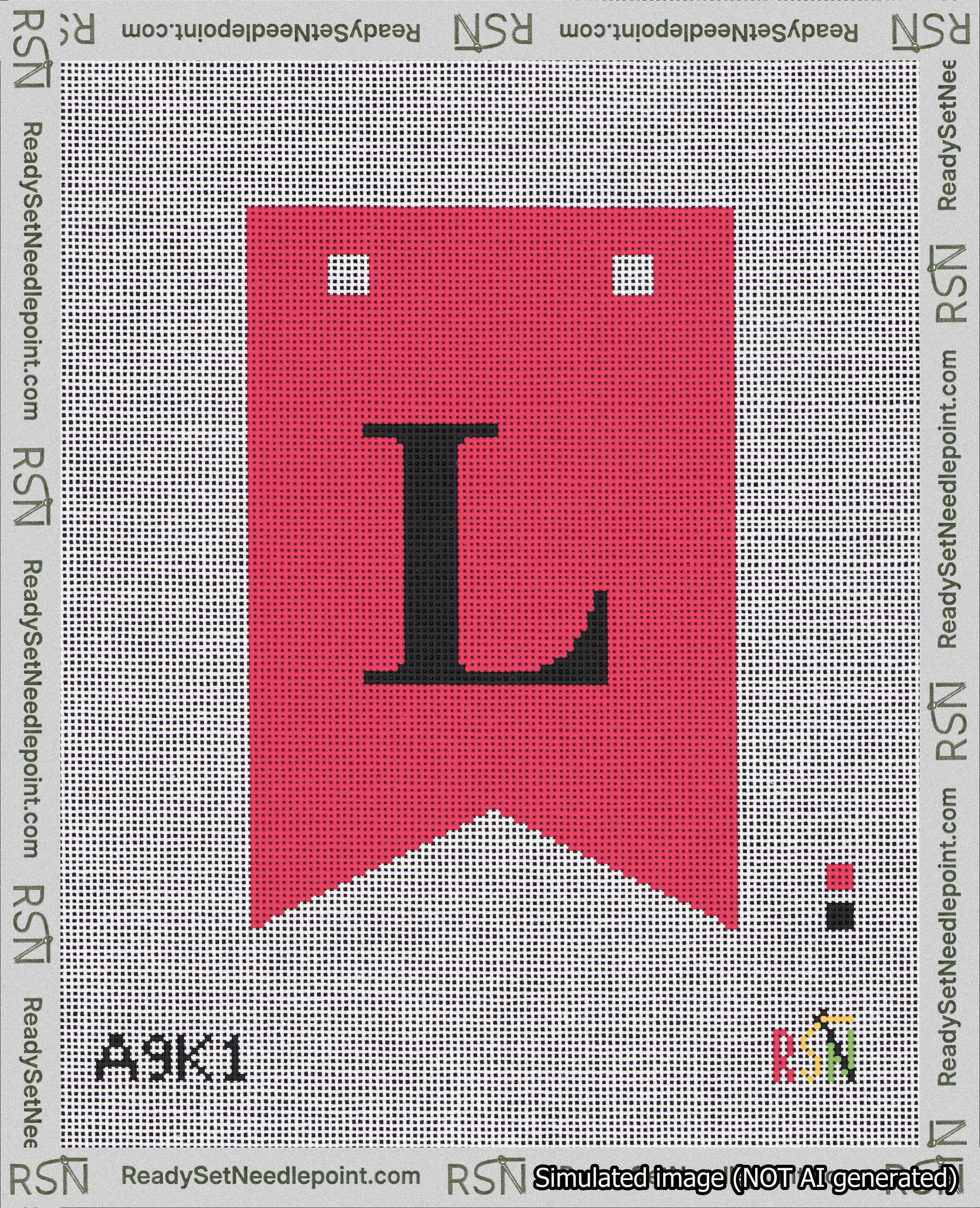 A taped needlepoint canvas with the design: Banner 18 mesh count Forked L Black on Red.