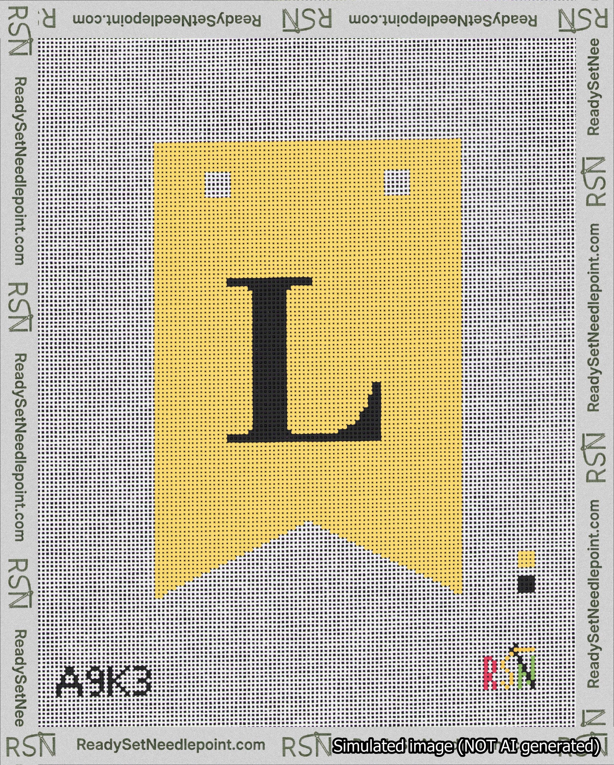 A taped needlepoint canvas with the design: Banner 18 mesh count Forked L Black on Yellow.