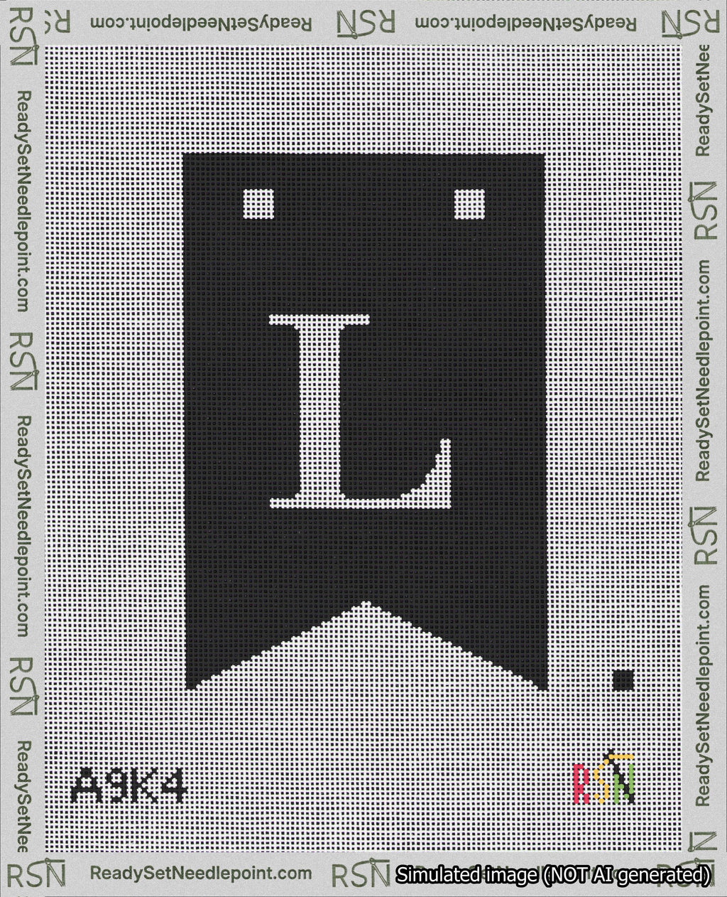 A taped needlepoint canvas with the design: Banner 18 mesh count Forked L White on Black.