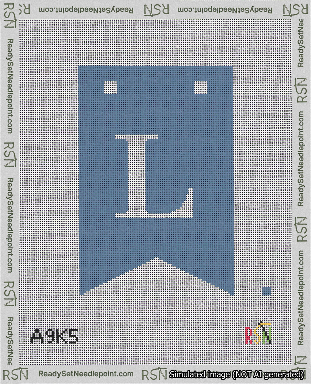 A taped needlepoint canvas with the design: Banner 18 mesh count Forked L White on Blue.