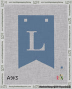 A taped needlepoint canvas with the design: Banner 18 mesh count Forked L White on Blue.