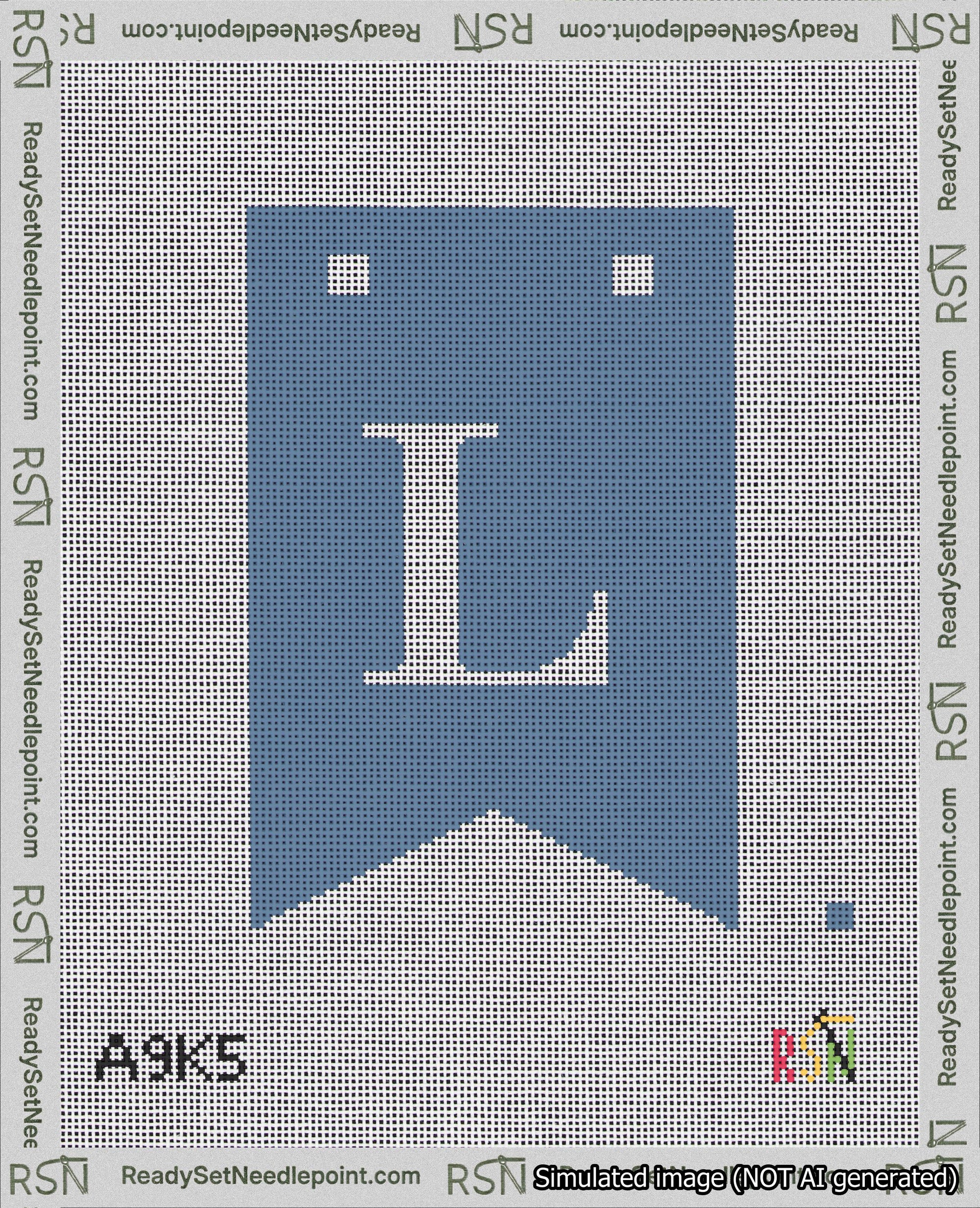 A taped needlepoint canvas with the design: Banner 18 mesh count Forked L White on Blue.