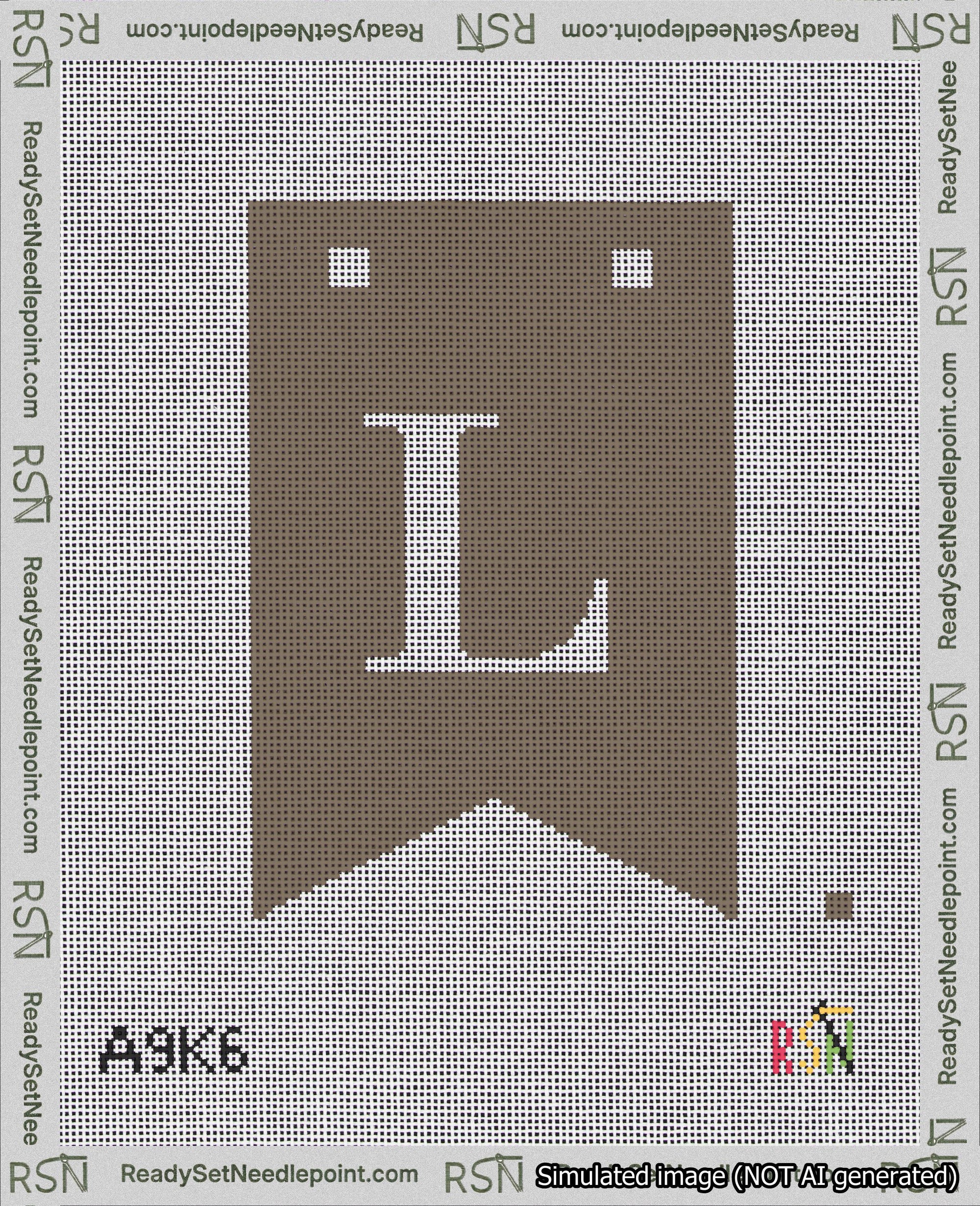 A taped needlepoint canvas with the design: Banner 18 mesh count Forked L White on Brown.