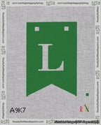 A taped needlepoint canvas with the design: Banner 18 mesh count Forked L White on Green.