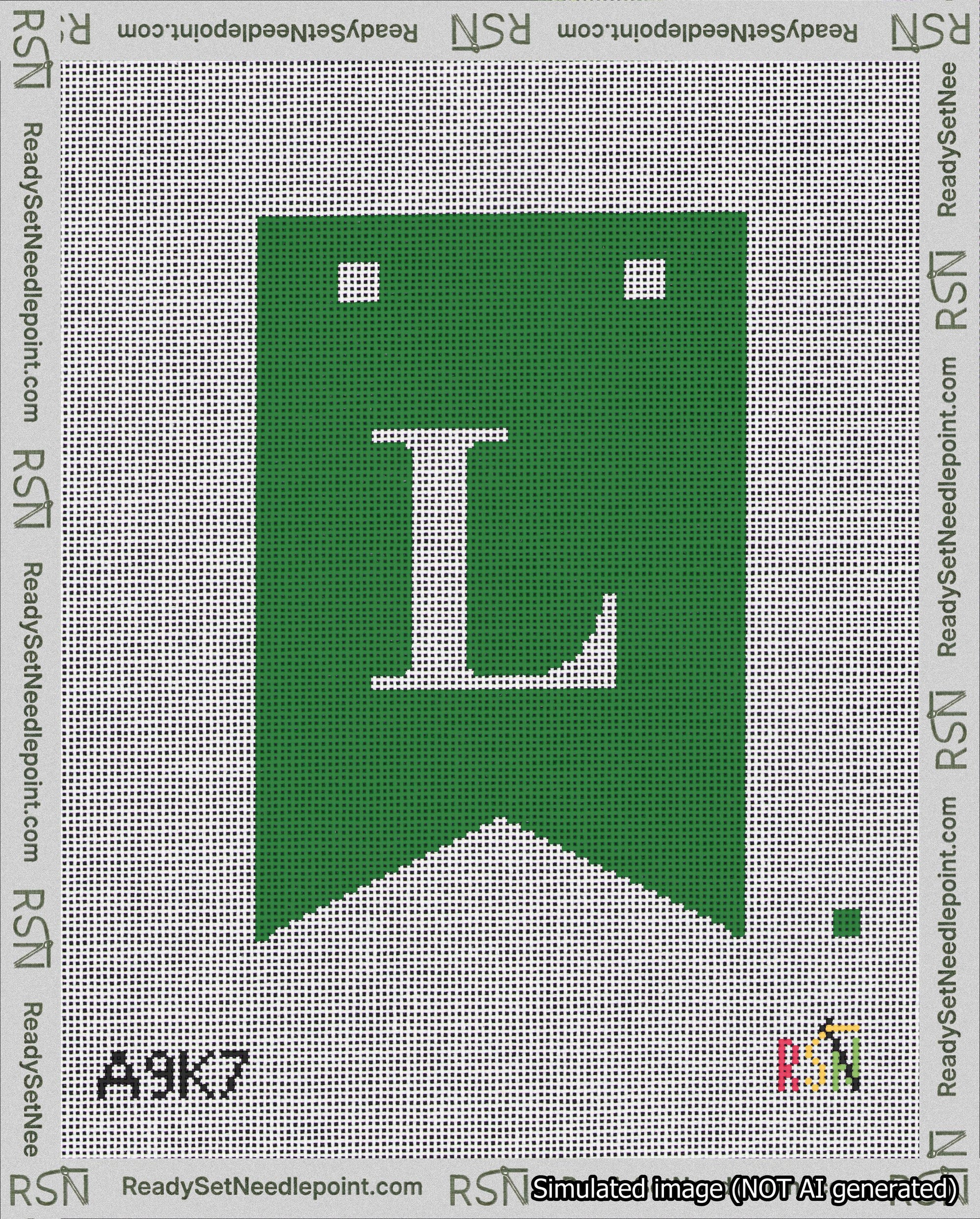 A taped needlepoint canvas with the design: Banner 18 mesh count Forked L White on Green.